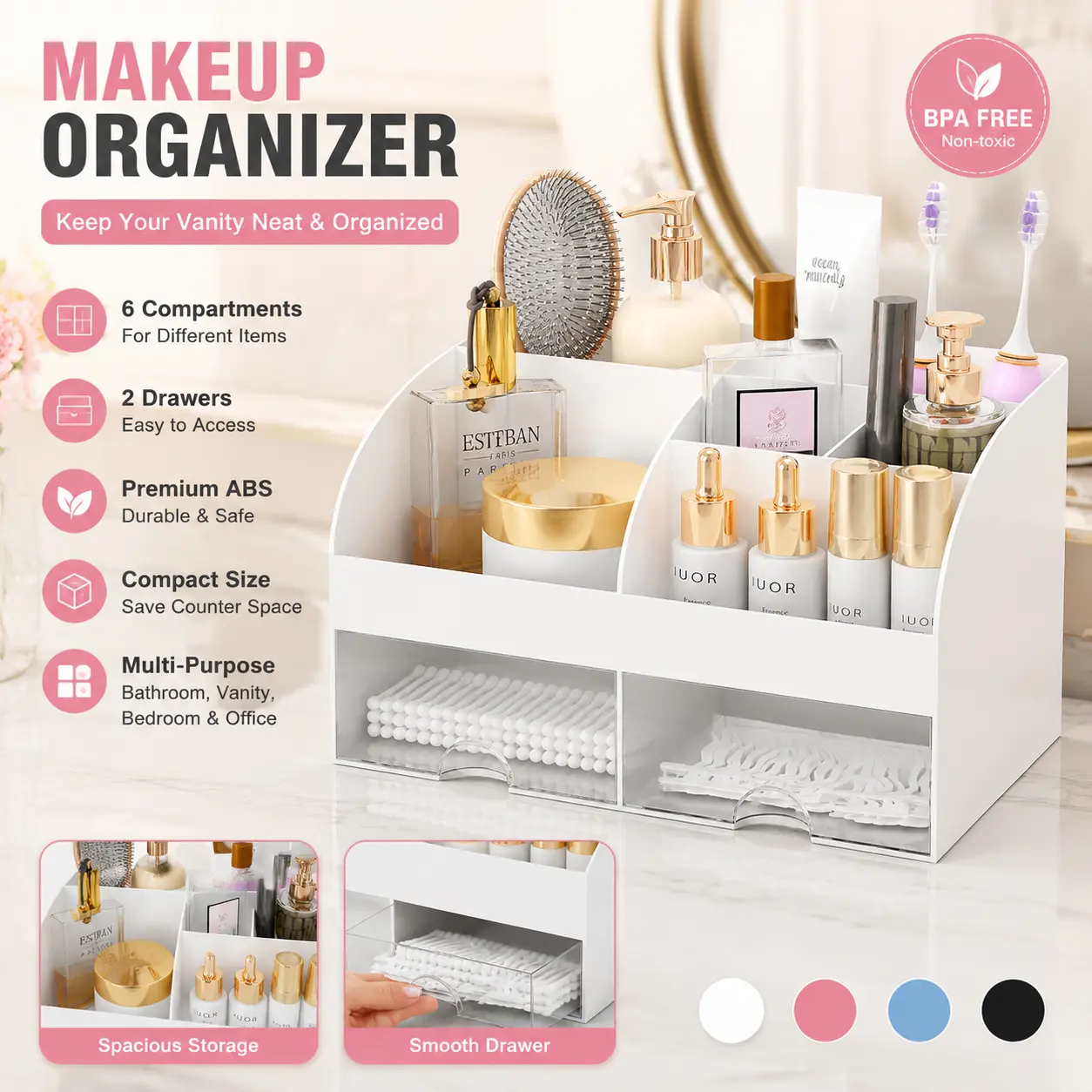 Makeup Organizer with Drawers, Cosmetic Storage Organizer for Vanity Countertop, Makeup Storage Box with Compartments for Lipstick, Brushes, Skincare and Beauty Essentials, Bathroom Dresser Organizer