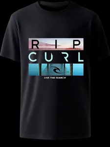 【RIP CURL Surf Spirit】Black Crew Neck Short Sleeve T-Shirt – Featuring a Gradient Landscape Collage with "RIP CURL" Lettering and the "LIVE THE SEARCH" Slogan. An Ocean Adventure-Inspired Design, Perfect as a Unisex Trendy Top.