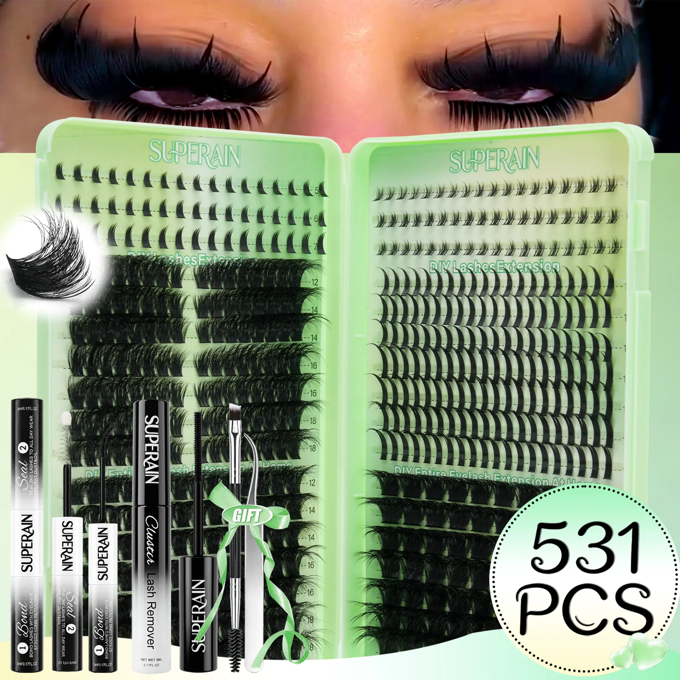 SUPERAIN DD Curl Lash Clusters Kit 525 PCS Ultra-Dense Waterproof, Long-Lasting Individual False Eyelashes, Hybrid Volume Look, Beginner-Friendly, Assorted 50D-120D Densities & Styles with Tweezers for Wedding, Birthday & Special Occasions