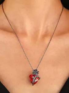 Ruby Heart Pendant Necklace, Rose Flower Heart Necklace, Gothic Heart Ashes Necklace, Ruby Crystal Love Pendant Necklace, Rose Wrapped Heart Necklace