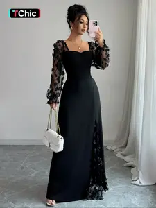 Pure Color Elegant Chic Square Neck Mesh Long Sleeve Split Design Dress, Fitted Plain Style, Perfect for Casual and Formal Occasions