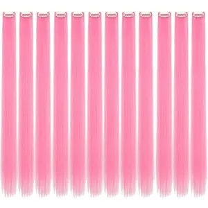 24" Pink Clip-in Hair Extensions - Synthetic Straight Colorful Hairpiece for Party, Cosplay & Kids Gift (12PCS Pack)