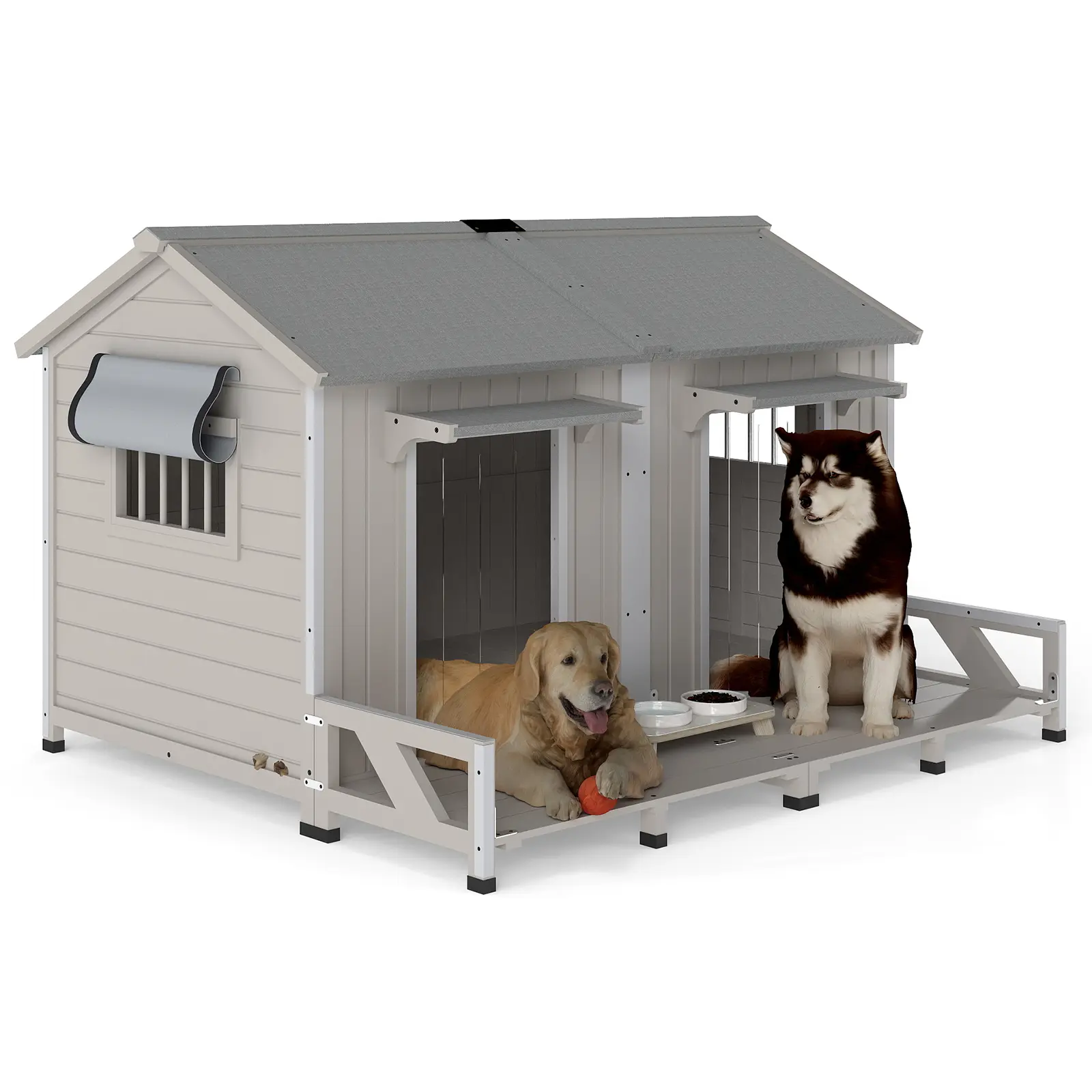 Petscosset All-Weather Dual Compartment Dog House, Openable Waterproof Asphalt Roof, Weatherproof Window Curtains, Chew-Resistant Reinforced Frames, Spacious Porch Platform, Backyard Patio Lawn Dog Shelter