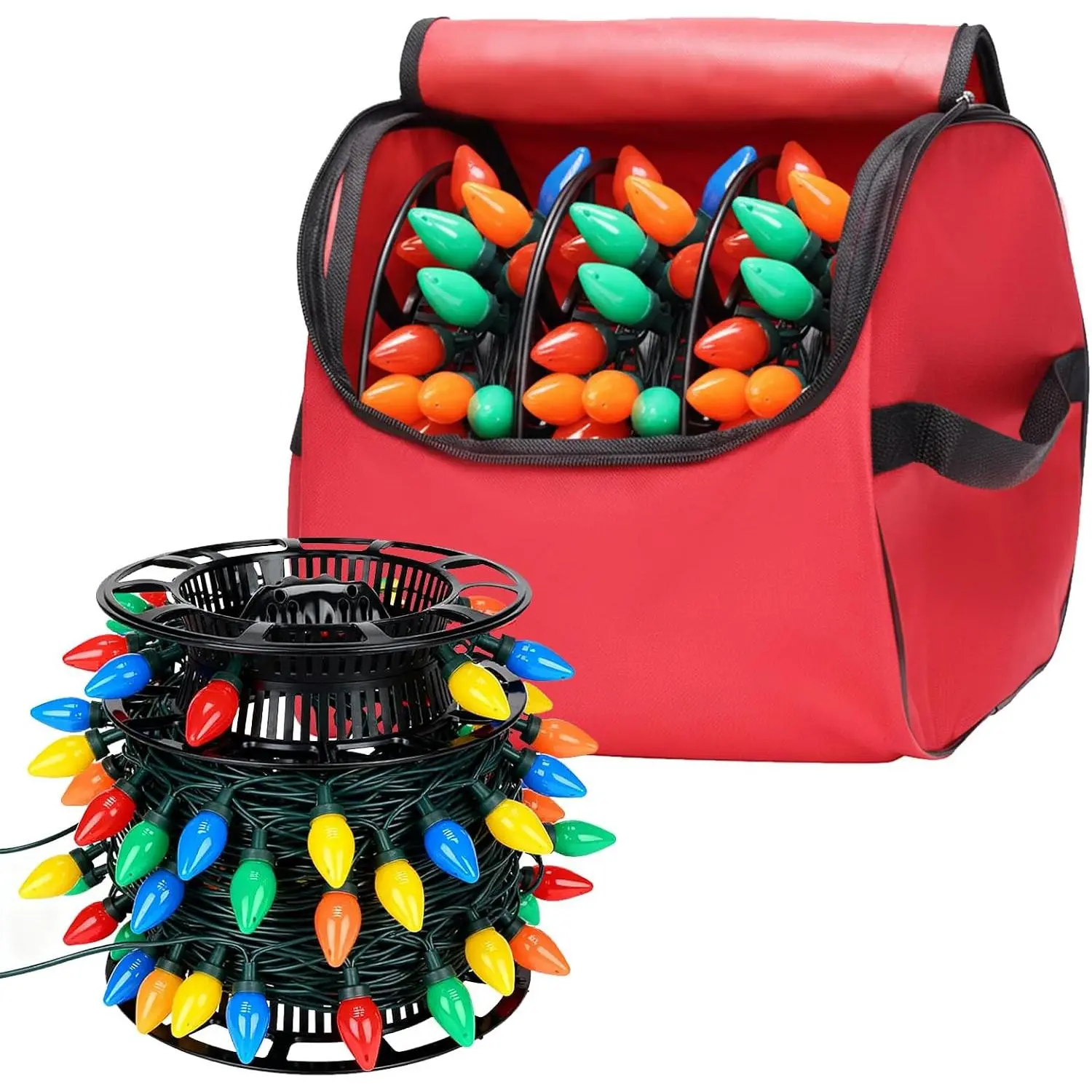 Christmas Light Organizer Storage Bag for Garage - Heavy-Duty Tear-Proof 600D Material, Inside PVC Lining, Reinforced Handles, 3 Reels, Waterproof, Zippers, Screws, Organizes Cords Up to 175 Ft Mini Tree Lights/Extension Cords, 11.8 x 11.8 x 13.7 Inches,