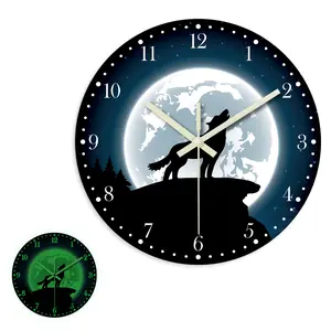 Creative luminous wall clock featuring a howling wolf under a moon, 12-inch modern silent light-up quartz animal clock powered by batteries, wooden round design suitable for living rooms, bedrooms, and man cave decor—an ideal holiday gift