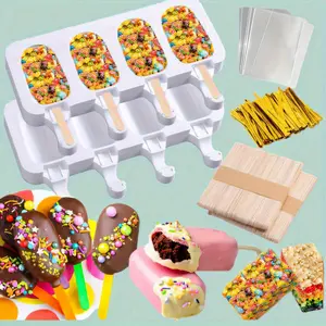 2 Pieces Silicone 4-Cavity Ice Cream Molds, Popsicle Mold with 100pcs Sticks Packing Bag Reusable Ice Cream Mold, Candy Making Supplies for Chocolate Mold, DIY Popsicle Mold, Cake Molds, Kitchen Supplies, Baking Tool