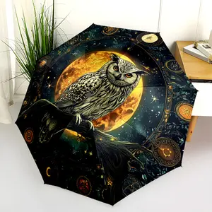 1 PC Automatic Folding Umbrella - Magical Owl with Moon and Stars Pattern, Portable & Foldable Design with 8 Ribs, Merry Christmas Pattern,Casual Outdoor Accessory Halloween and Christmas Birthday Gifts. G00157