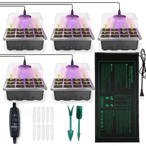 5 Pack Seed Starter Tray with Heat Mat and Grow Light Humidity Domes, 60 Cell Trays Germination Station Cloning Kit