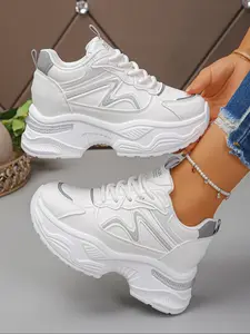 Women's Wedge Heel Thick Sole Sports Shoes, Comfortable and Stylish Athletic Footwear, Perfect for Casual Wear and Daily Use, Round Toe Sneakers