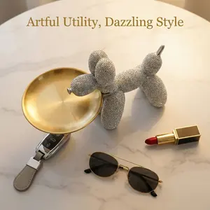 Silver Balloon Dog Tray Resin Statue, Beaded Textured Poodle Decor, Luxury Jewelry Storage Tray, Modern Home Accent, Entryway Key Bowl Ornament