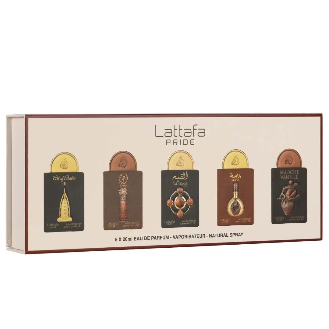 Lattafa Pride Eau de Parfum Gift Set Collection No.4 (5 x 20ml) - Unisex Luxury Fragrance with Ajwaa, Brioche Vanille, Al Qiam Gold Scents, Exquisite Craftsmanship, Captivating Scents for Versatile Moments