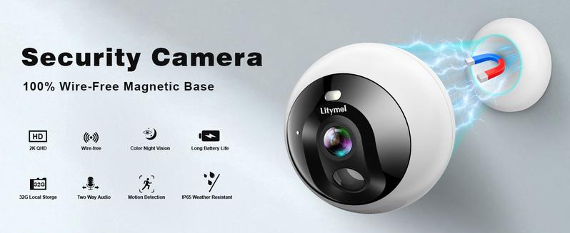 Litymol Magnetic Wireless Window Security Camera with 2K Resolution, AI Motion Detection, Color Night Vision, 2-Way Audio and Cloud Storage