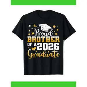 2026 Graduate Proud Brother T-Shirt for Boys & Girls - Golden Grad Cap & Star Cap Graphic, Cotton Breathable Commencement Outfit, Graduation Party Wear, Loose Fit ' Celebration Tee with Double-Stitched Hem (Ideal for 2026 Grads), Slight
