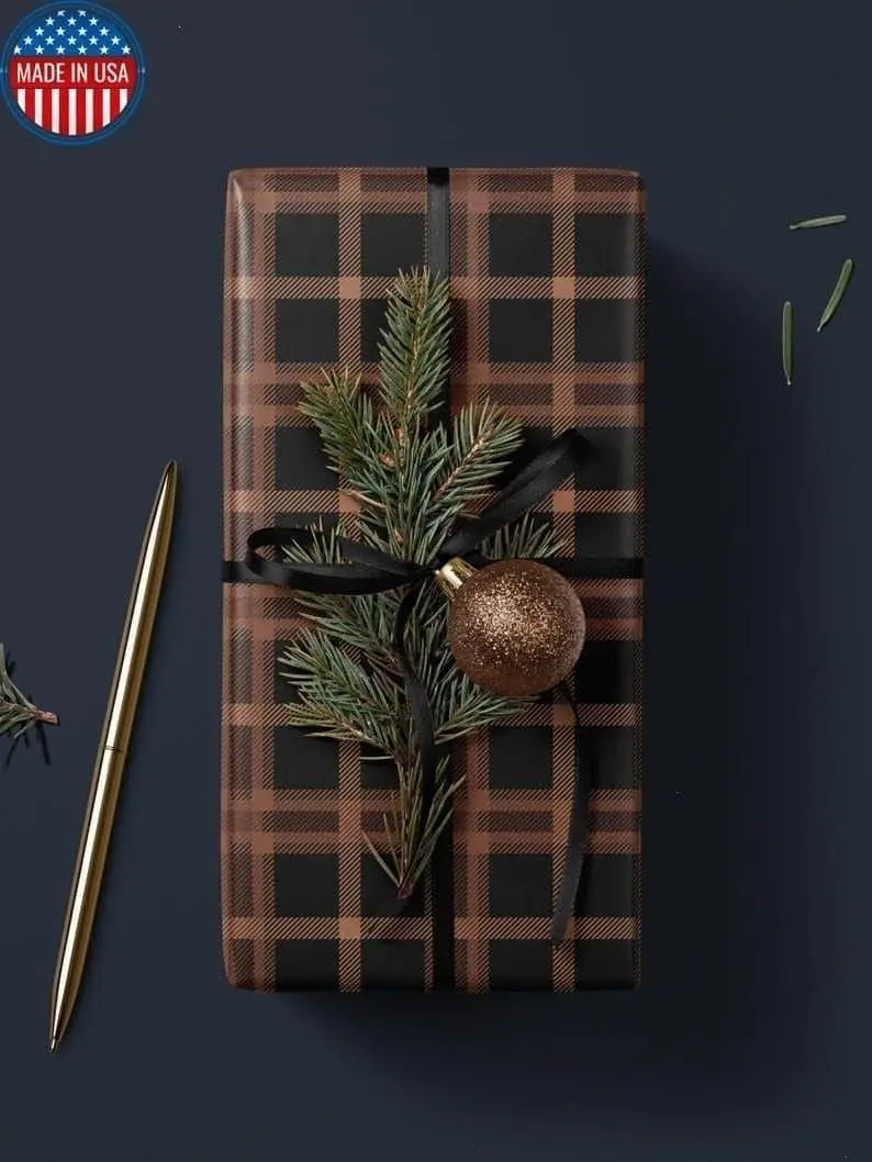 Brown Plaid Wrapping Paper Holiday Gift Wrap Christmas Present Wrapping Idea Christmas Party Gift Vintage