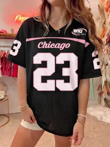 Retro Basketball Jersey Style T-Shirt Black & Pink Oversized Mesh Top Mesh Football Jersey, Oversized T-Shirt, V-Neck Short Sleeve, Streetwear Top
