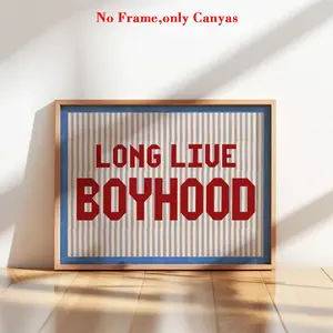 1Pc, Wall Art, Vintage Poster, Vintage Letter Print, "Long Live Boyhood" Art Print in Blue and Red, Bohemian Striped Canvas Painting, Unique and Creative Wall Aesthetic Decor, Perfect Decoration for Living Room and Bedroom, Unframed