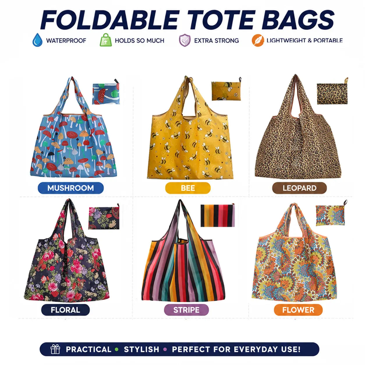 Waterproof Foldable Collapsible Shopping Tote Bag - Extra Large Capacity, Durable Reusable "Just in Case" Emergency Bag for Travel & Daily Use, Collapsible Shopping Bags