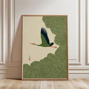 Japanese Crane in Swirling Clouds Poster, Woodblock Style Wall Art