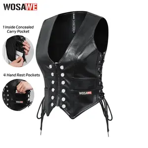 WOSAWE Women Waistcoat Vintage PU Leather Sleeveless Motorcycle Biker Vest with Adjustable Side Lace
