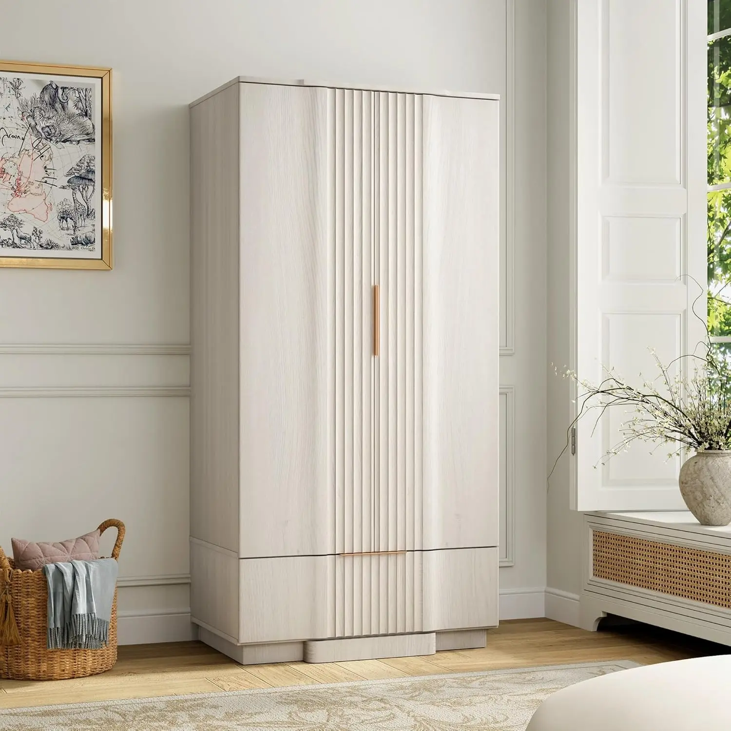 Yechen 67" Fluted Wooden Armoire Wardrobe Closet - Clothes Storage Cabinet, Modern Wardrobe with Drawers, Modular Adjustable Shelf, Multi-Purpose for Bedroom Hanging Clothes/Coats, White Grey