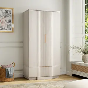 Yechen 67" Fluted Armoire Wardrobe Closet with Doors and Drawer, Wooden Wardrobe Cabinet with Adjustable Shelve, Modern Small Armoires for Hanging Clothes Coats for Bedroom, White Grey