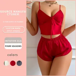 Source Manufacturer Women's Red Imitation Silk Camisole & Shorts Pajama Set - Basic Minimalist Sleepwear Lingerie