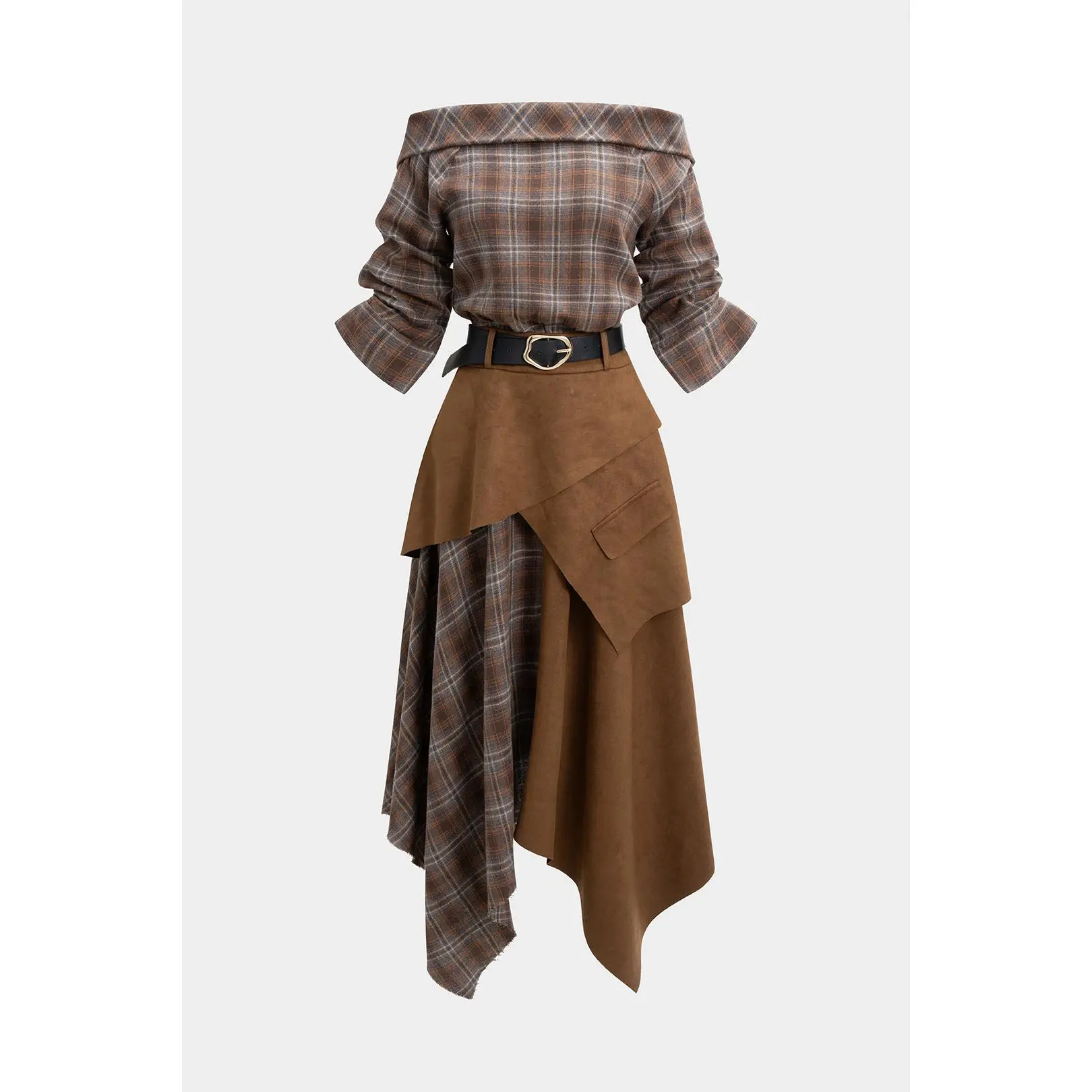 Plaid Print Suede Off Shoulder Zipper Belted Long Sleeve Midi Dress