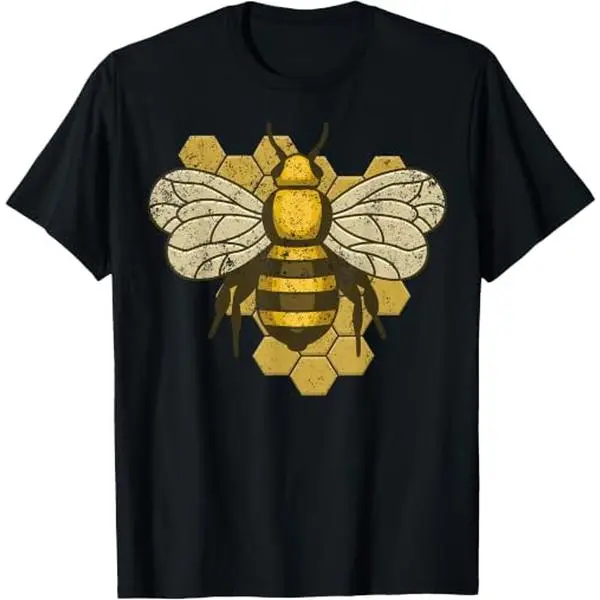 Men's Classic Casual Round Neck Short-Sleeve Honey Bee Honeycomb Vintage Illustrated Graphic Top, Ideal for Beekeepers & Nature Enthusiasts, Black Menswear T-Shirt, Shortsleeve, Tops