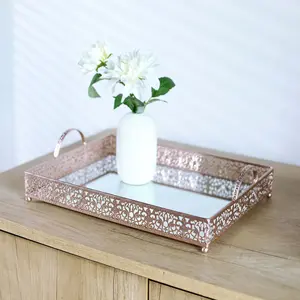 Metal Mirrored Rectangle Serving Tray 16"x12" in Rose Gold Fleur De Lis Design with Handles, French Inspired Decorative Vanity Tray Centerpiece