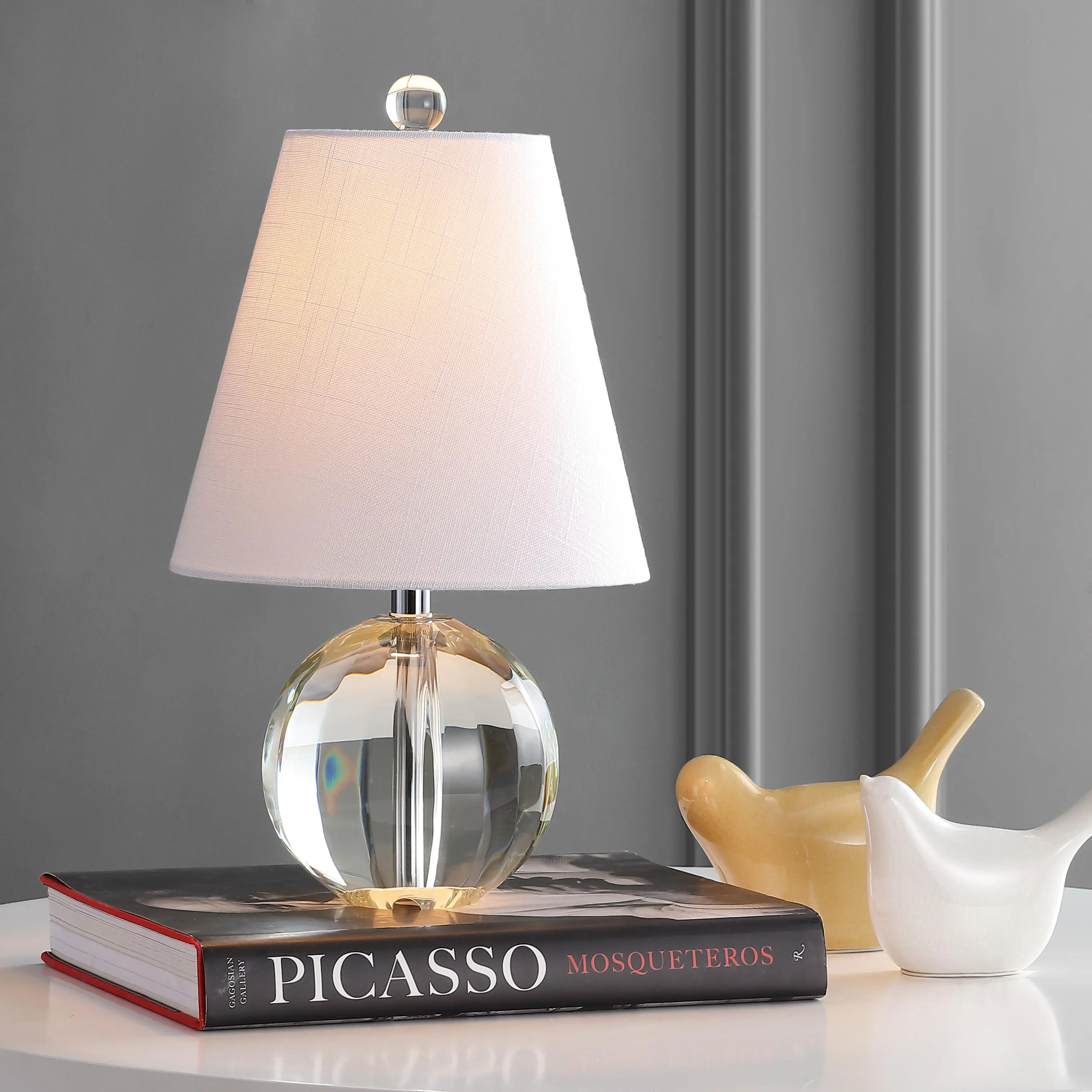 JONATHAN Y Goddard 16" Crystal Ball Orb Metal LED Table Lamp | Modern Bedside Nightstand Light, Linen Empire Shade, Chrome Accents, Rotary Switch, ETL Listed, Bulb Included