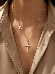 Women's Stainless Steel Elegant Necklace, Zircon Cross Crown Letter Pendant, Casual Fashion Lip Shape Necklace, All Seasons Wear