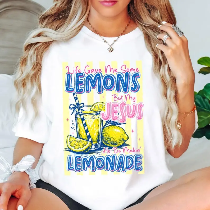 Jesus Lemonade Funny Christian tshirt Shirt: Life Gave Me Lemons But My Jesus Makes Lemonade T-Shirt, Religious Christianity Gift Casual Round Neck