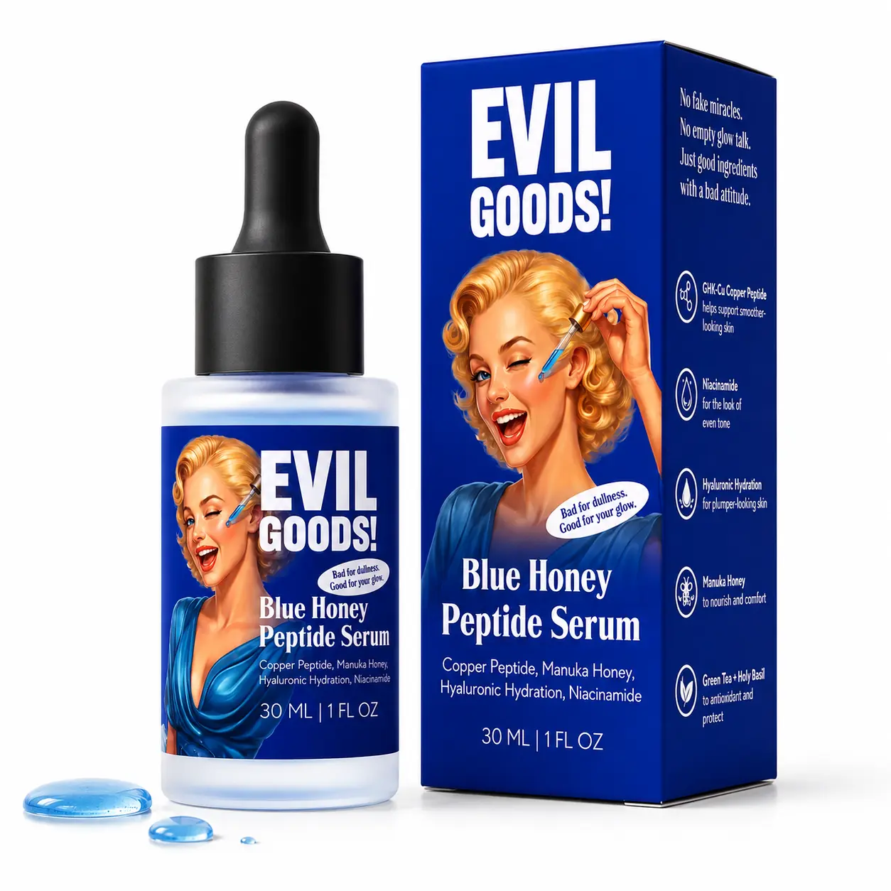 EVILGOODS! Facial Brightening Hydrating GHK-Cu Copper Peptide Serum with Manuka Honey, Niacinamide, Hyaluronic Acid - Lightweight Anti-Aging Formula, Boosts Collagen, Tightens Skin, Smooths Fine Lines, Enhances Glowing Skin - 1 Fl Oz (30 mL)