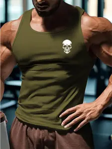Men's Skull Print Tank Top, Regular Fit Casual Comfy Sleeveless Top for Gym Workout Running, Men's Sportswear Clothing for Indoor Outdoor Wear, Sleeveless Gym Tops