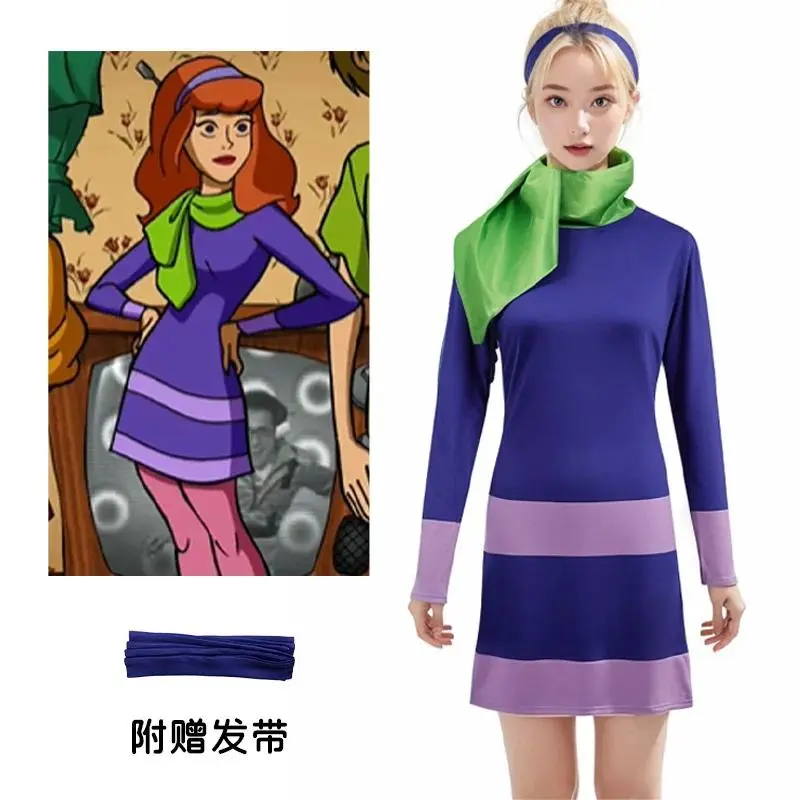 Daphne Costume Adult Women Halloween Costume Dresses Cosplay Outfits Long Sleeve Bodycon Purple Dress with Scarf