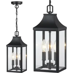 15'' Large 3-Light Adjustable Black Outdoor Pendant Hanging Lantern Farmhouse Exterior Chandelier Ceiling Mount for Porch Entrance Patio
