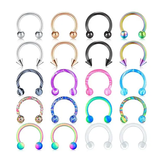 Women's, Men's Hypoallergenic 16G Stainless Steel Horseshoe Nose Piercing Jewelry Set (20PCs, 8mm) - Sensitive Skin Septum Rings, Ear Hoops, Lip Retainers