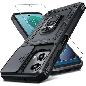 Compatible with Moto G 5G 2024 Case Built in Slide Camera Lens Cover+Screen Protector+Finger Ring Holder Kickstand,Heavy Duty Shockproof Full Body Protective Phone Cover,Black