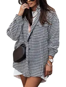 Arssm Plaid Jacket Women Casual Houndstooth Jacket Flannel Shacket Loose Long Sleeve Shirt Button Down Shacket with Pockets