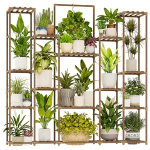 Bamworld Large Wooden Plant Stand for 17 Pots - Upgraded Design with Wider Shelves - Durable Carbonized Wood - Indoor & Outdoor Use - Easy Assembly - Perfect for Patio, Garden, Living Room