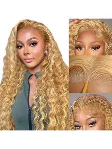 Honey Blonde Deep Wave Lace Front Human Hair Wig, 13x4 Lace Frontal Wig, Color #27 HD Lace Front Wig, Pre-plucked Hairline, Glueless Human Hair Wig, Women's Virgin Human Hair Lace Front Wig