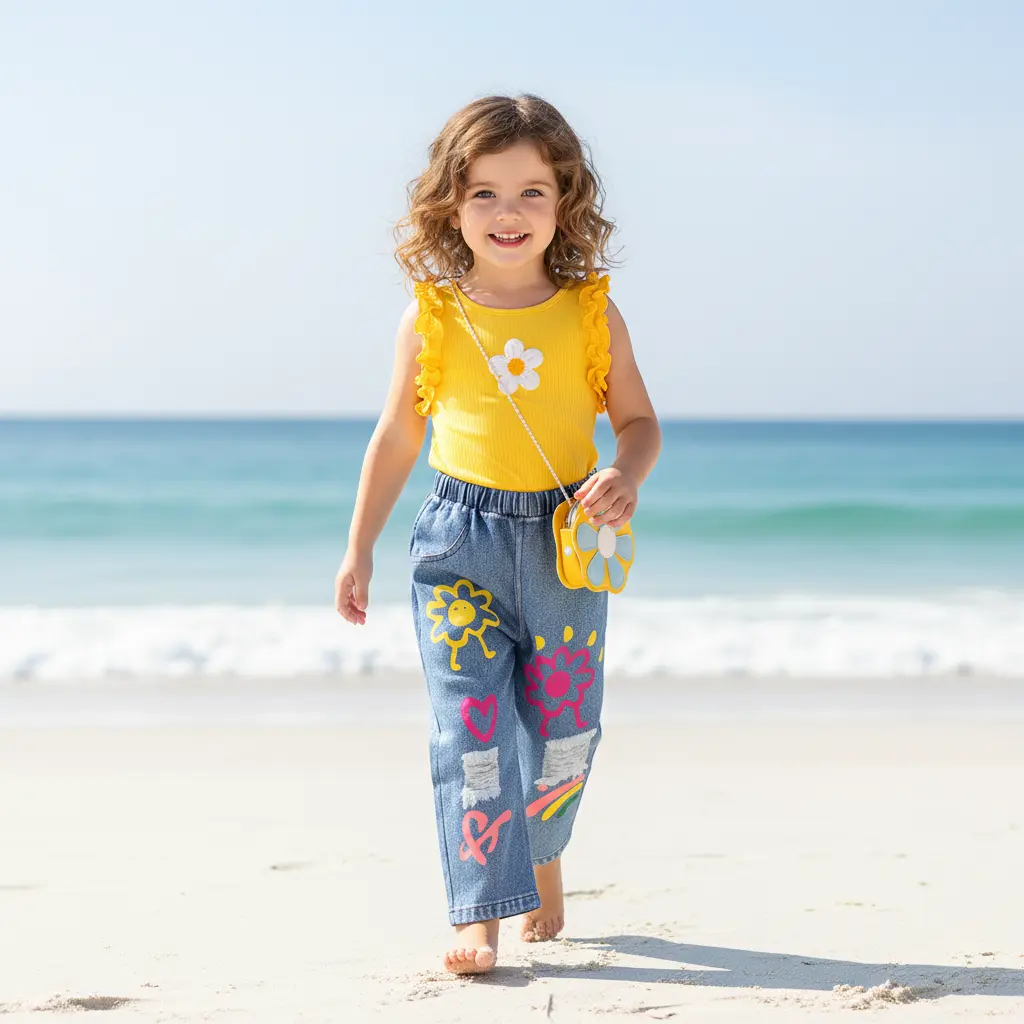 Toddler Little Girls 2-Piece Summer Boutique Set, Yellow Ruffle Sleeve Top with Daisy Flower Print, Choose Colorful Doodle Denim Jeans or Daisy Print Skirt for 3-7 Years, Trendy Beach Vacation Outfit for Daily Play School and Party Fashion Gift.