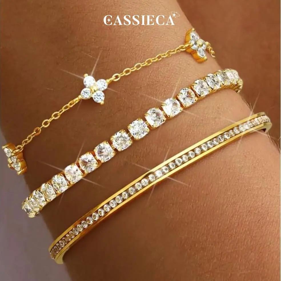 CASSIECA 3PC Stackable Bracelet Set for Women Adjustable 14K Gold-Plated & Silver Stainless Steel Tennis Bracelets with Cubic Zirconia, Fashion Accessories for Women Daily Wear,summerwins