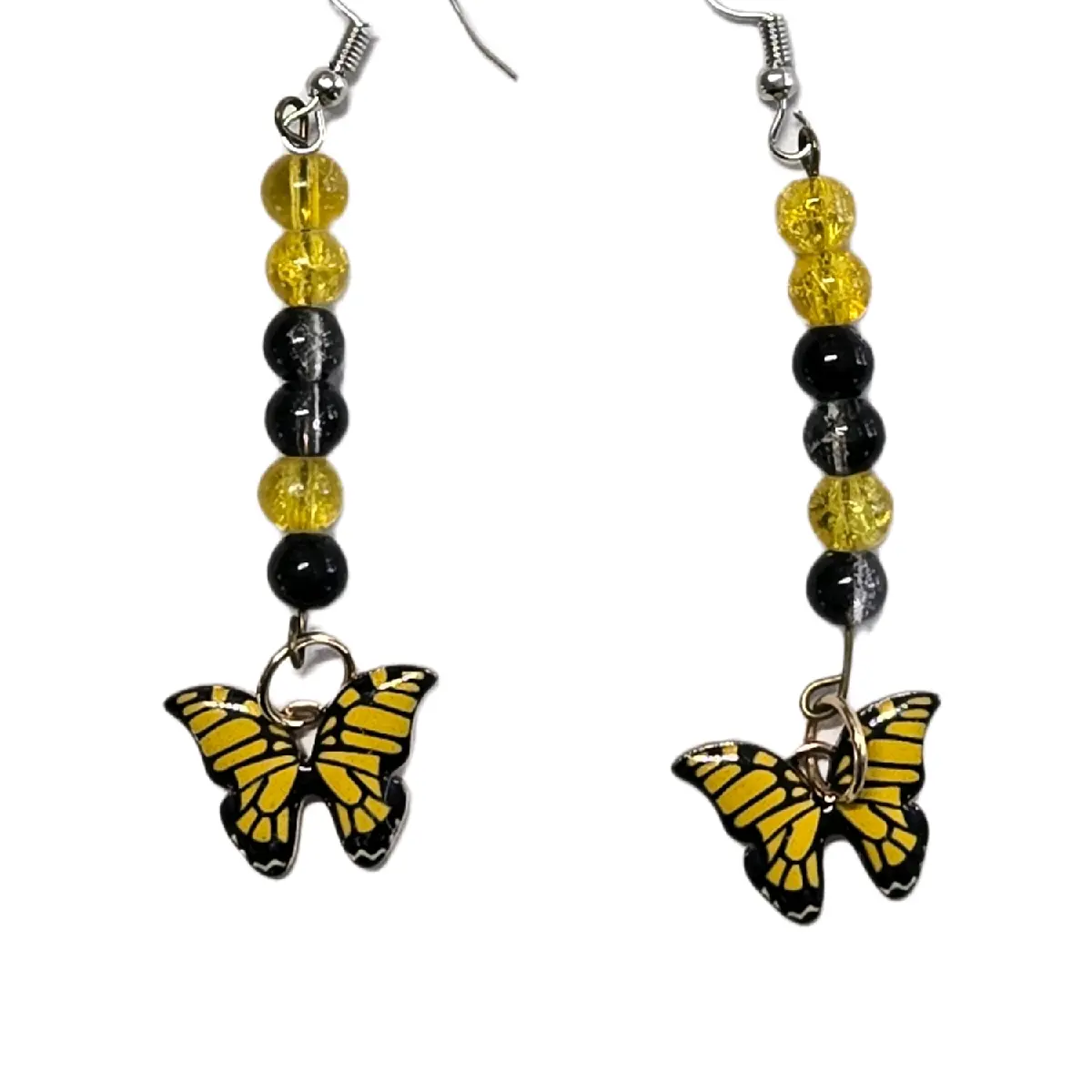 Dangle Butterfly Bead Earrings with Yellow and Black Beads and Enamel Butterfly Charm for Women