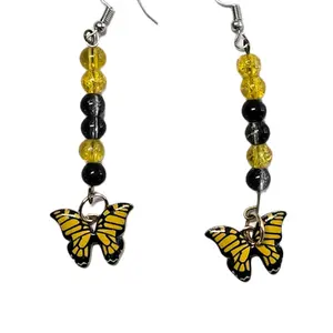 Dangle Butterfly Bead Earrings with Yellow and Black Beads and Enamel Butterfly Charm for Women