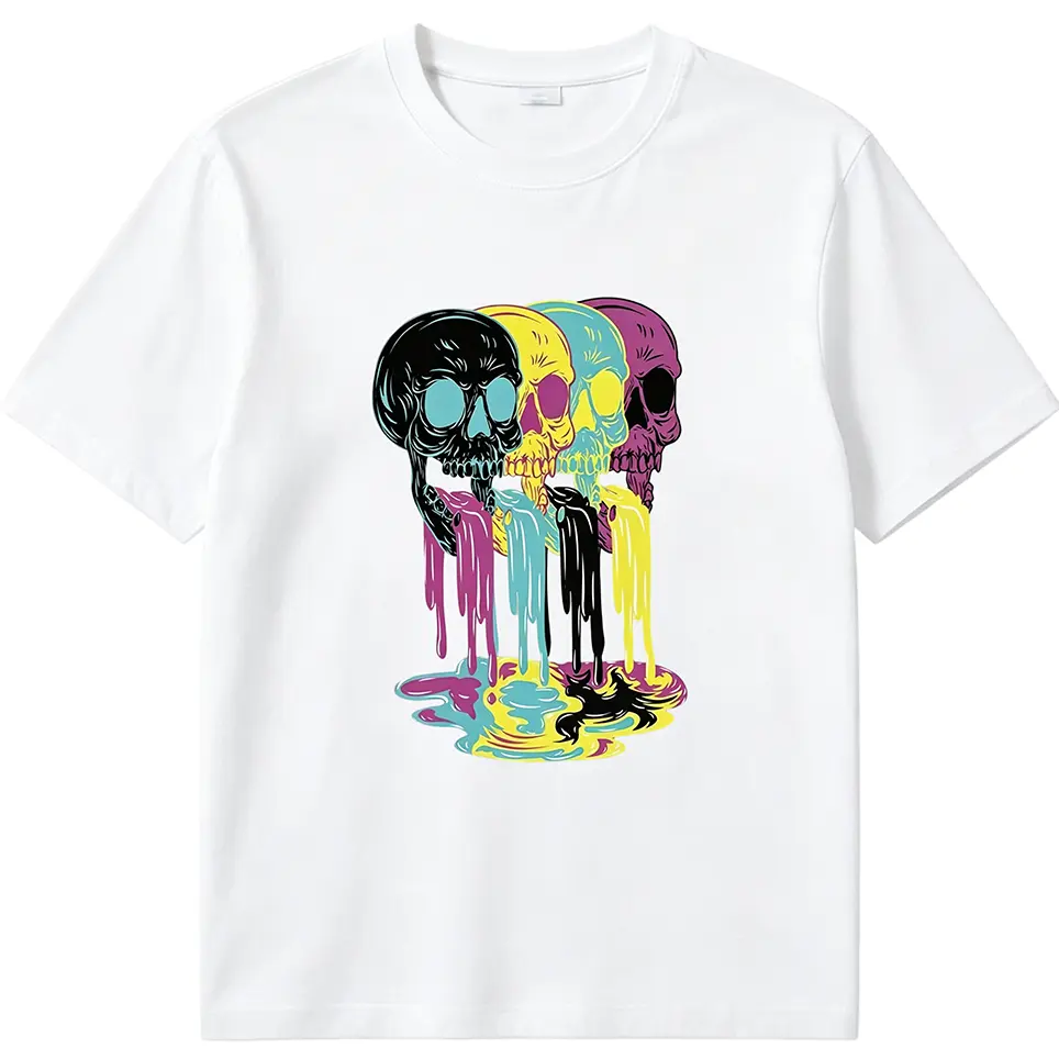 "CMYK Overload" Melting Skull T-Shirt | Retro Pop Art Graphic Tee | Artistic Streetwear Skull Top | Vibrant Psychedelic Design | Premium 180g Heavy Cotton