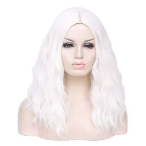 18" Long Wavy Curly White Synthetic Wig for Women Girls  Wig Halloween Costume Wig with Wig Cap (White)