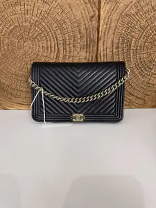 Pre-owned CHANEL Black Chevron Quilted Boy Wallet on Chain with Gold Tone CC Turnlock
