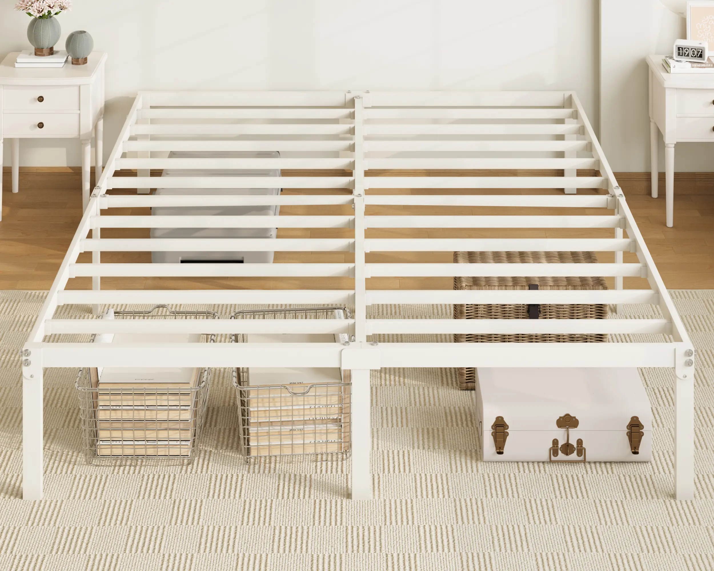 Allewie Full Size Minimalist Platform Bed Frame, 14-in Metal Frame with Storage Space, No Box Spring Needed, Easy Assembly, White Design, Bed Frames With Storage