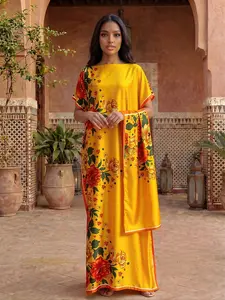 Women Floral Pattern Robe Set, Elegant Fitted Long Dress + Scarf Headband, Beach Sun Protection Satin Shawl, All Season Wear
